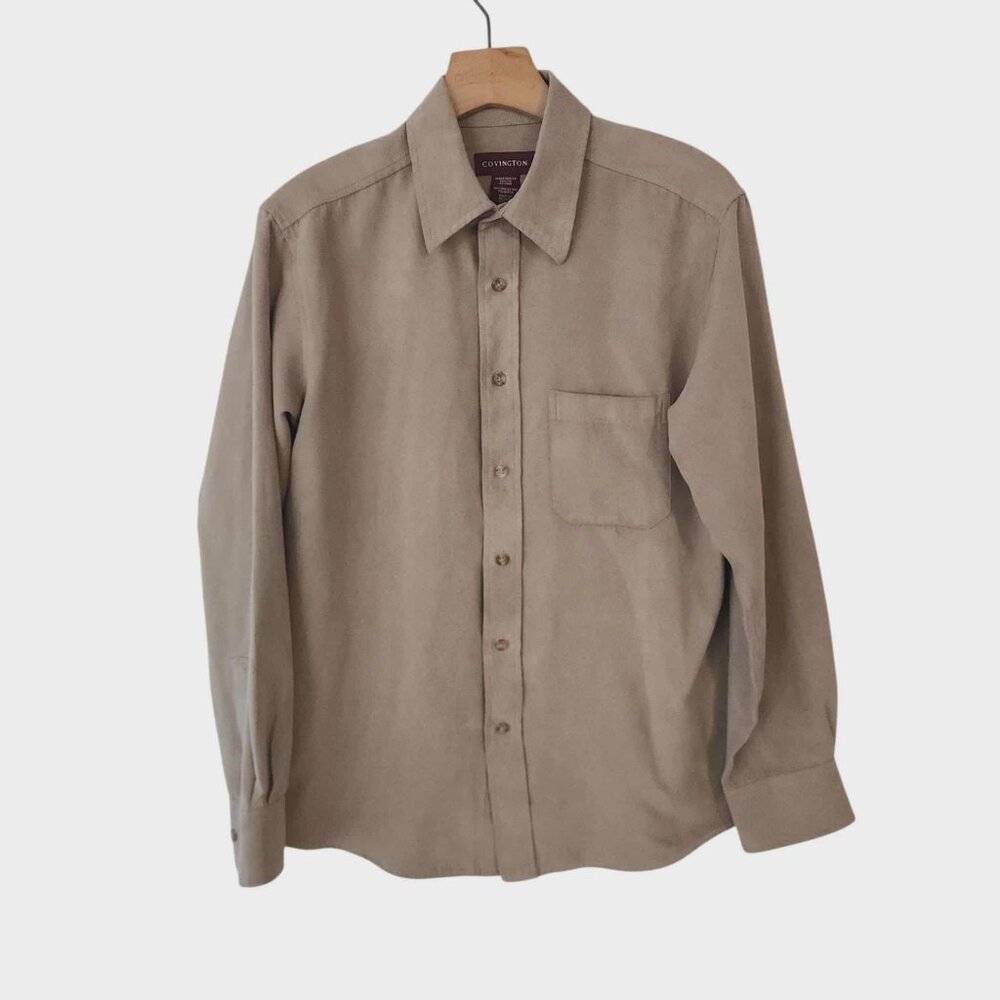 Vintage‎ Covington Sueded Shirt Button Up Tan Beige Long Sleeve Mens Small